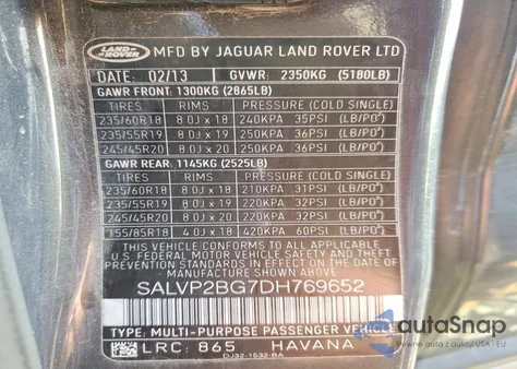 2013 Land Rover Range Rover Evoque Pure Plus из США, поврежденный, VIN SALVP2BG7DH769652